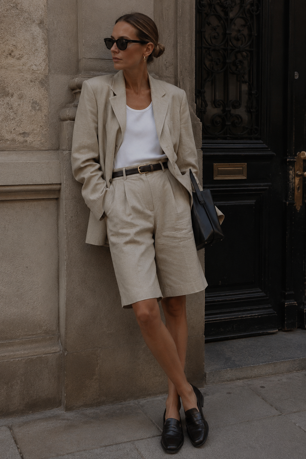 Beige bermuda shorts med matchande kavaj, vit topp och svarta loafers