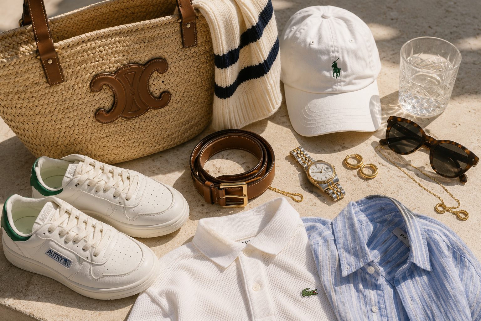 Tennisinspirerade plagg och accessoarer med stråväska, keps, piké, sneakers och solglasögon