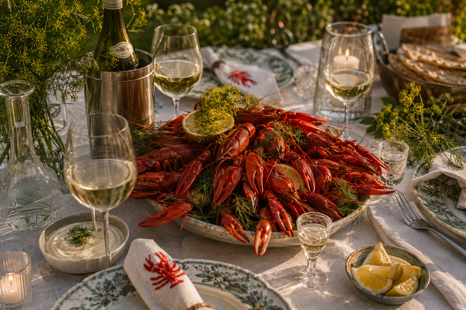 Dukat kräftbord med kräftor, dill, citron och vitt vin på linneduk