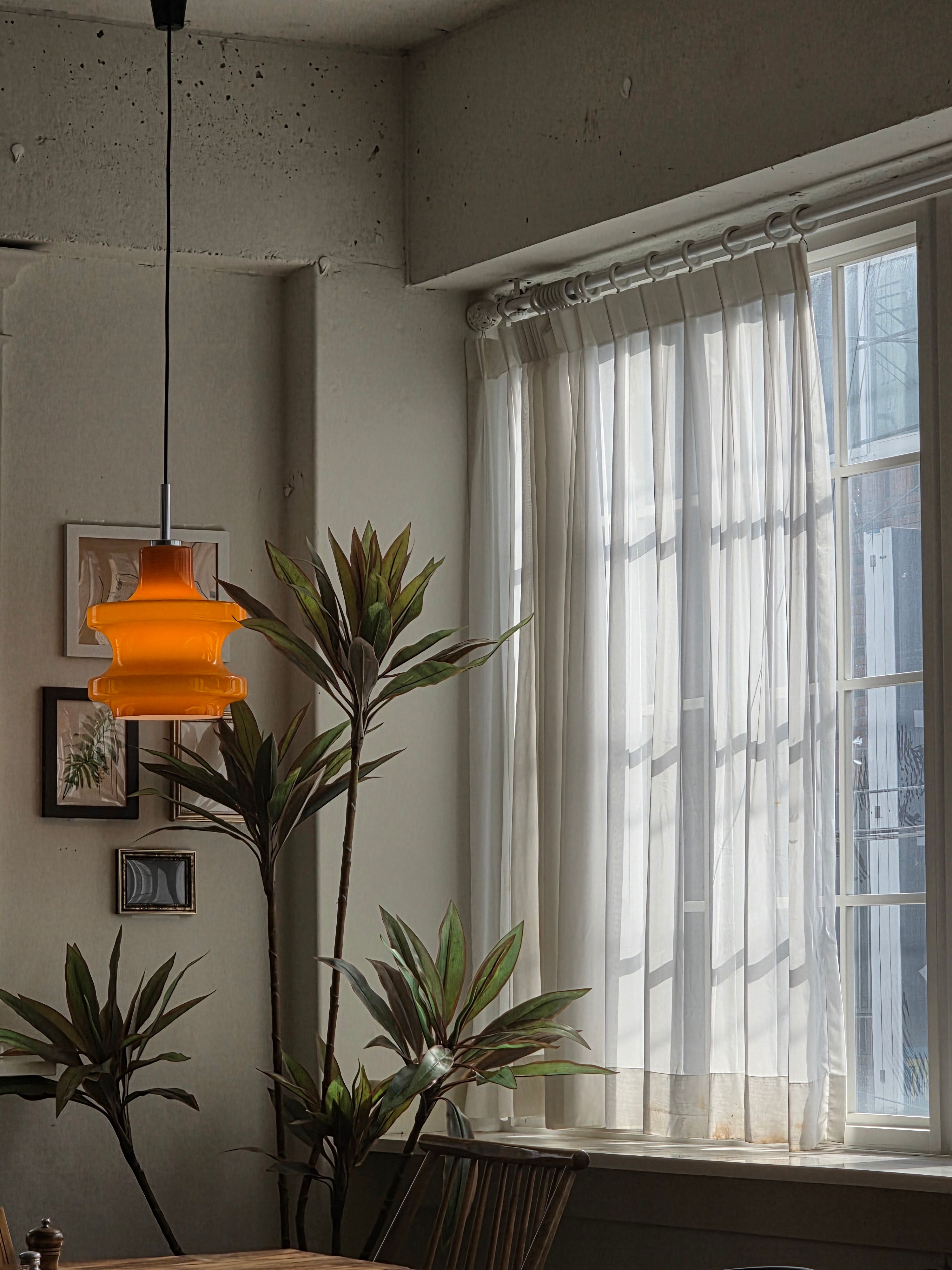 Stor krukväxt vid fönstret under en orange taklampa i glas