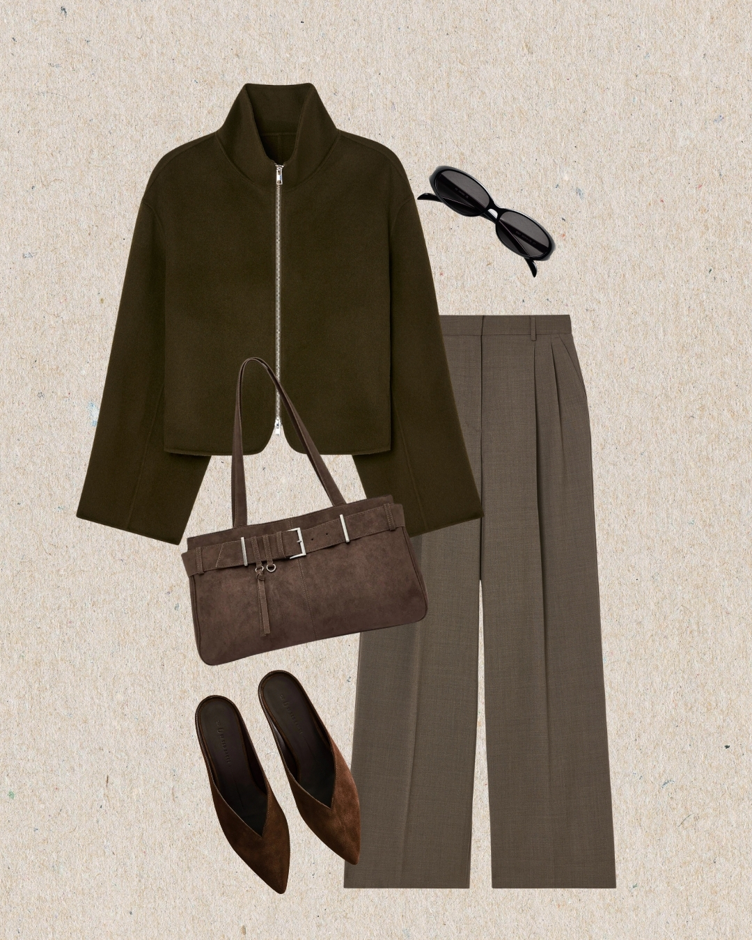 Höstlook med olivgrön jacka, gråbruna kostymbyxor, mockaväska och bruna mules